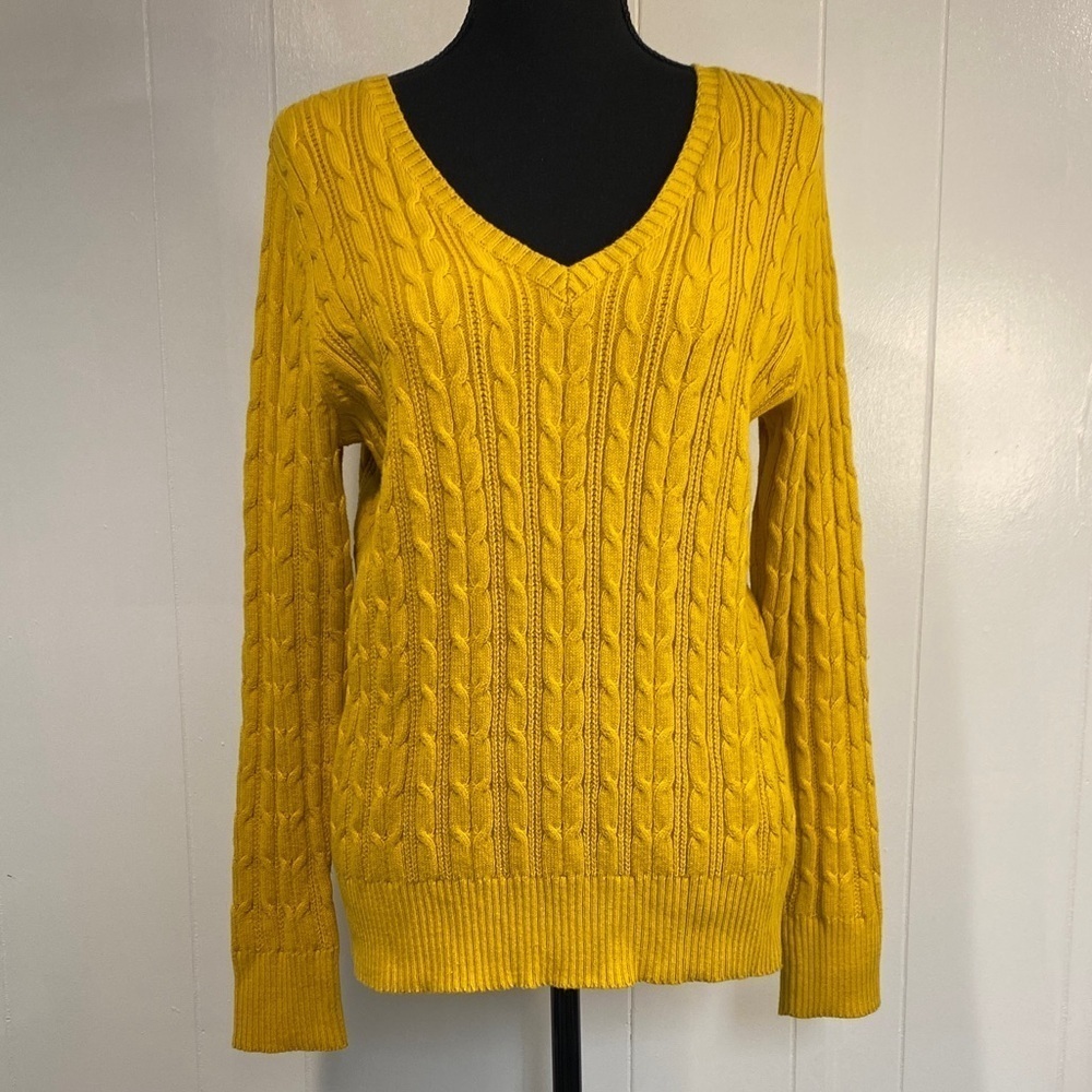 Cotton Sweater V-Neck Cable Knit Cottagecore Gold Mustard Yellow Size Large